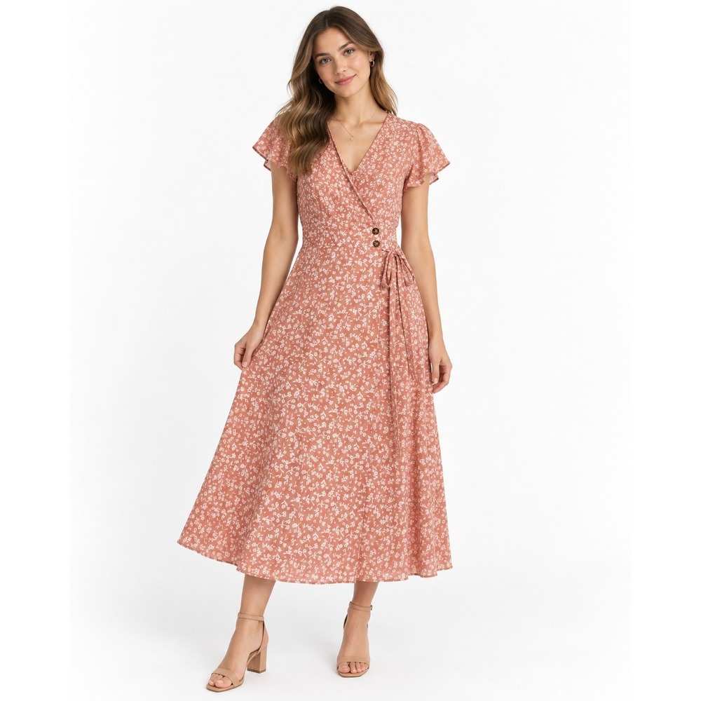 90s Floral Midi Dress Small Cottagecore Romantic Wrap Boho Flutter Sleeve